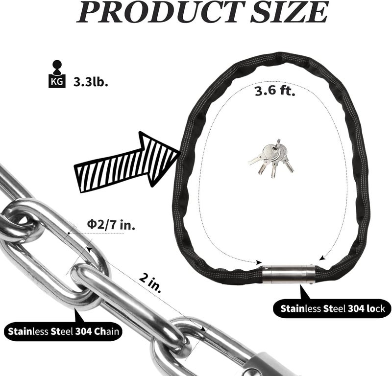 FIGODE Stainless Steel Chain Lock with 4 Same Keys, Rustproof Lock and Chain, Marine Grade Lock for Bike, Moto, Scooter, Boat, Truck and Door. Anti-Theft – 110 CM Long Chain - Image 4
